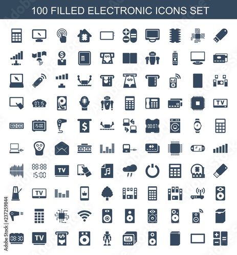electronic icons. Set of 100 filled electronic icons included calculator, burst, washing machine on white background. Editable electronic icons for web, mobile and infographics.