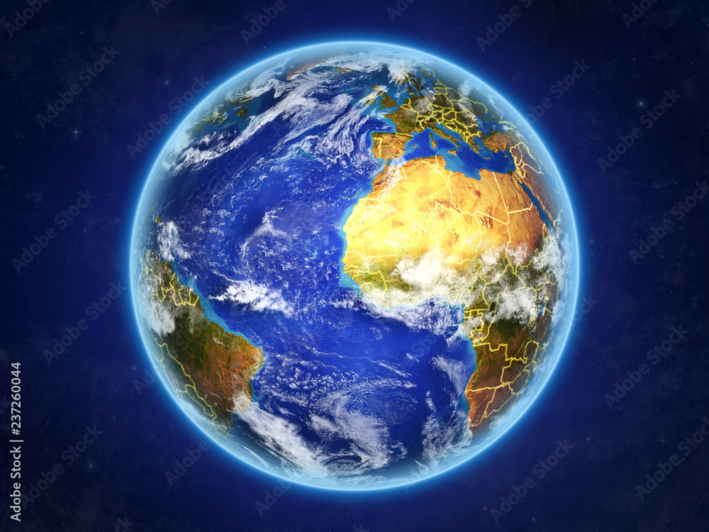Gambia from space. Planet Earth with country borders and extremely high detail of planet surface and clouds. Gambia from space. Planet Earth with country borders and extremely high detail of planet surface and clouds.