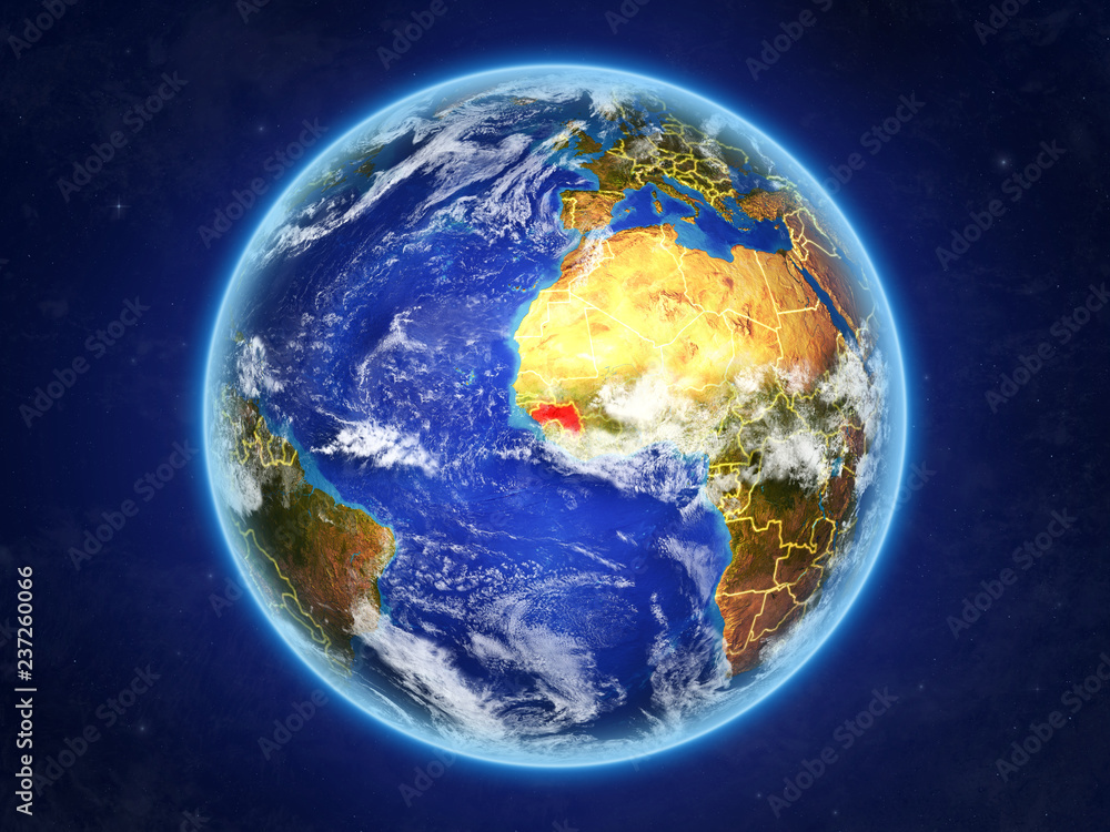 Guinea from space. Planet Earth with country borders and extremely high detail of planet surface and clouds. Guinea from space. Planet Earth with country borders and extremely high detail of planet surface and clouds.
