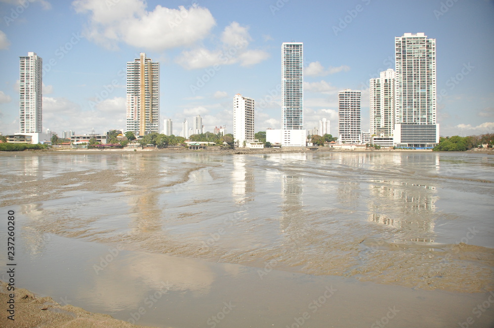 Panama city with high skyscrapers and port on the Pacific coast