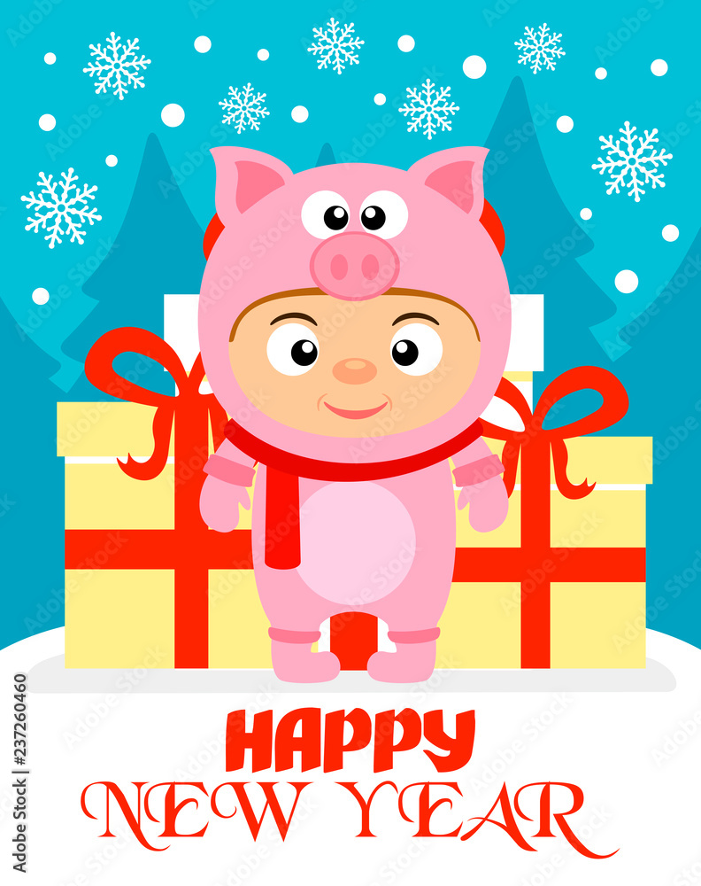 Naklejka premium Happy New Year background with child in costume pig