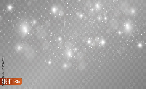 White sparks and golden stars glitter special light effect. Vector sparkles on transparent background. Christmas abstract pattern. Sparkling magic dust particles