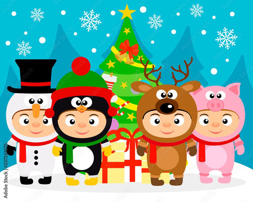 New Year vector illustration with Christmas tree and kids in New Year costume.Vector illustration