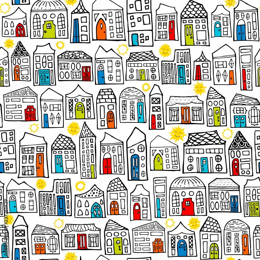 Seamless Vector Happy City Sunny Neighborhood Coloring Book Pattern in Black, White, & Colored Doors
