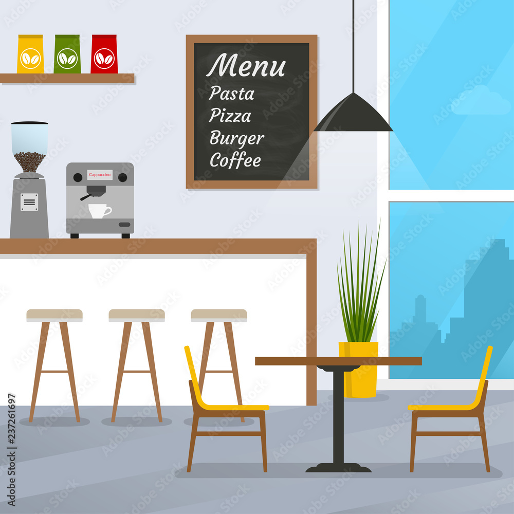 Cafe or restaurant interior design with coffee shop, bar counter and window. Vector illustration. Cafe or restaurant interior design with coffee shop, bar counter and window. Vector illustration.
