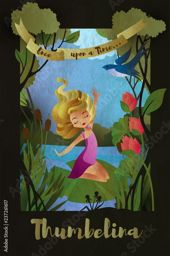 Thumbelina, faity tale character sitting on the water lily leaf.  Book cover template. Vector illustration.