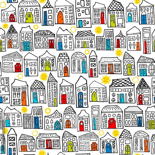 Seamless Vector Happy City Sunny Neighborhood Coloring Book Pattern in Black  White    Colored Doors