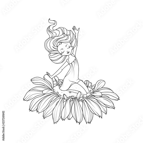 Coloring book: Thumbelina, faity tale character sitting on the flower
