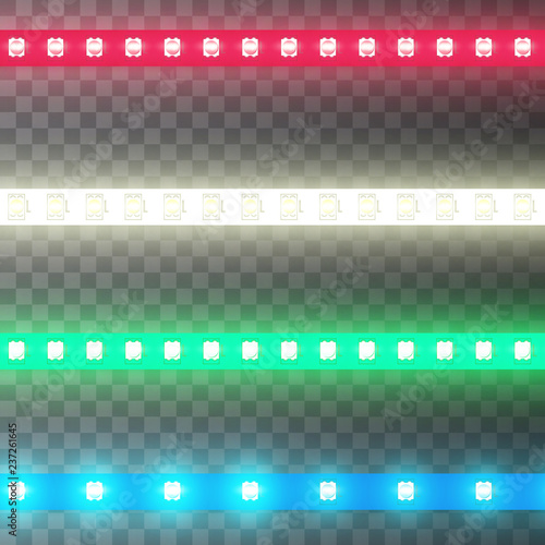 Decoration illuminated tape, led strip bright light, realistic set. Glowing lamp in line on black. Vector illustration
