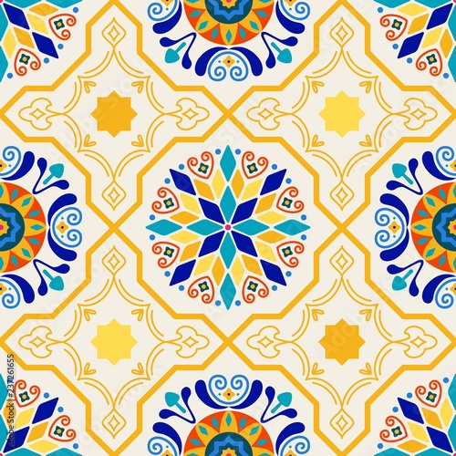 Seamless Vector Modern Moorish Geometric Spanish Moroccan Ceramic Floor Tile Shapes in Butter Yellow & Royal Blue