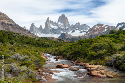 View of the Fitz Roy mountain range from a river in Los Glaciares National Park, Patagonia, El Chaltén, Argentina