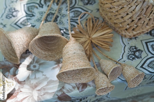 handmade folklore toy bells, straw plaiting, traditional craft art