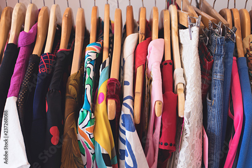 Close up of vintage clothing on a store rack