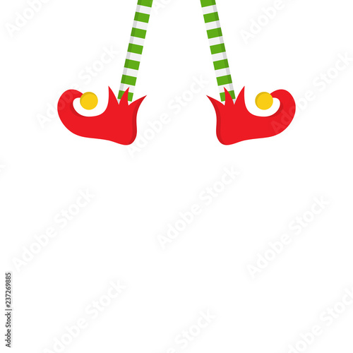 Christmas elf vector illustration icon. Cute green and white striped legs and red elf shoes with jingle bell. Isolated.