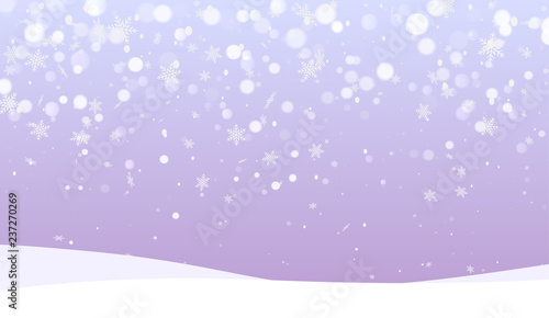 Lilac shiny poster with winter landscape and snow for seasonal, Christmas and New Year design.