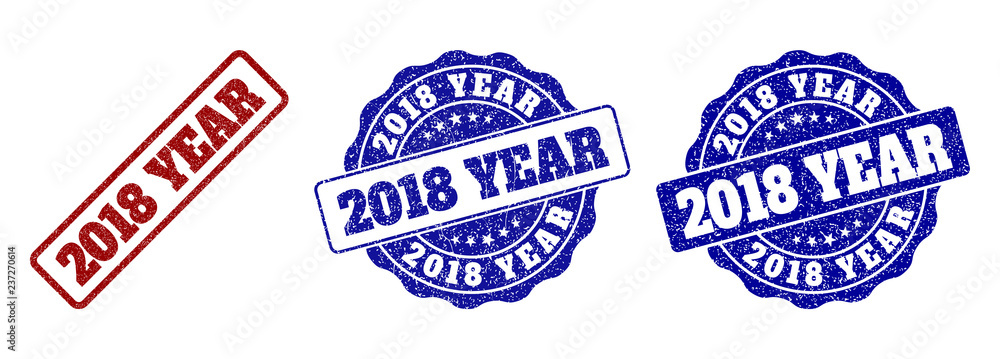Fototapeta premium 2018 YEAR scratched stamp seals in red and blue colors. Vector 2018 YEAR labels with draft surface. Graphic elements are rounded rectangles, rosettes, circles and text labels.