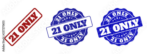 21 ONLY grunge stamp seals in red and blue colors. Vector 21 ONLY signs with grunge style. Graphic elements are rounded rectangles, rosettes, circles and text titles.