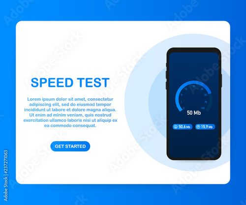  Speed test on smartphone. Speedometer Internet Speed 100 mb. Website speed loading time. Vector illustration.