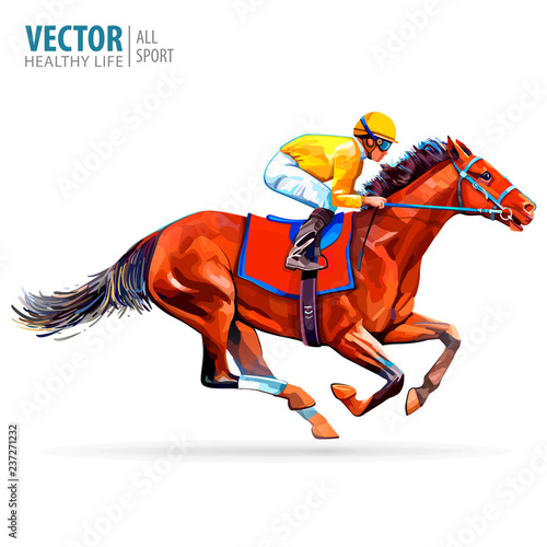 Jockey on horse. Champion. Horse racing. Hippodrome. Racetrack. Jump racetrack. Horse riding. Racing horse coming first to finish line. Isolated on white background. Vector illustration