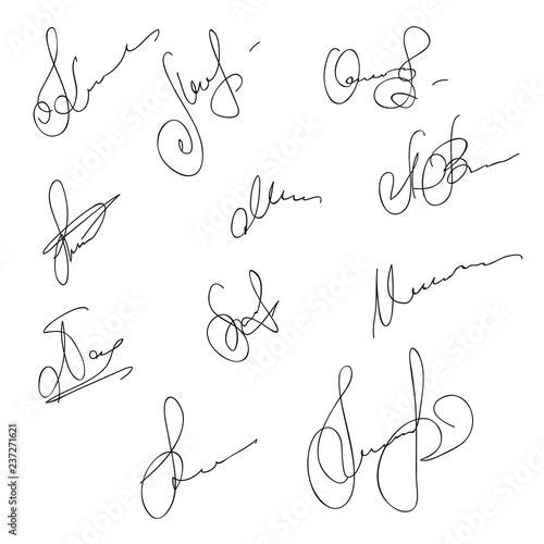 Set of vector abstract signatures. Handwritten autograph. Calligraphic lettering on white background.