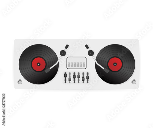 DJ playing vinyl. Top view. DJ Interface workspace mixer console turntables. Vector illustration.