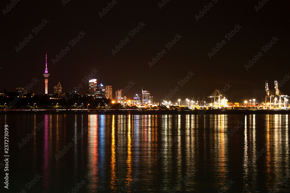 Auckland port at night, New Zealand
