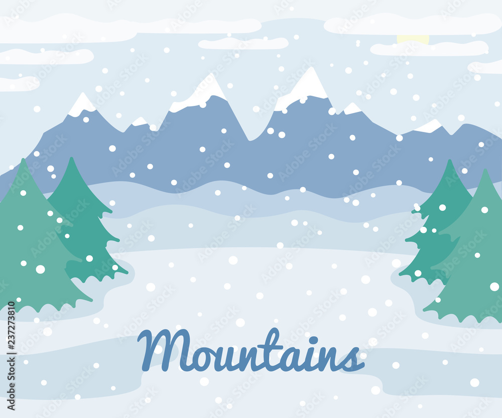 Winter mountains landscape with spruce trees and snow, winter outdoor view, countryside nature illustration