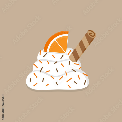 Christmas, autumn whipped cream vector illustration icon. Cute decorated dollop of cream with sprinkles, orange and roll. Isolated on beige background.