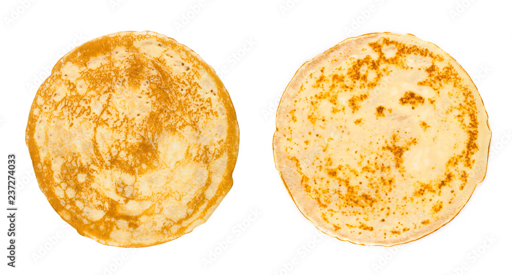 homemade russian pancake isolated on white background, close-up, top view