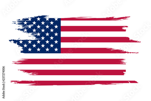 American flag. Brush painted flag of USA. Hand drawn style illustration with a grunge effect and watercolor. American flag with grunge texture. Vector illustration.