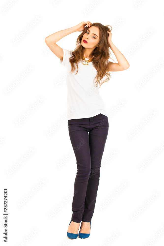 Portrait of beautiful girl in jeans and white t-shirt Portrait of beautiful girl in jeans and white t-shirt