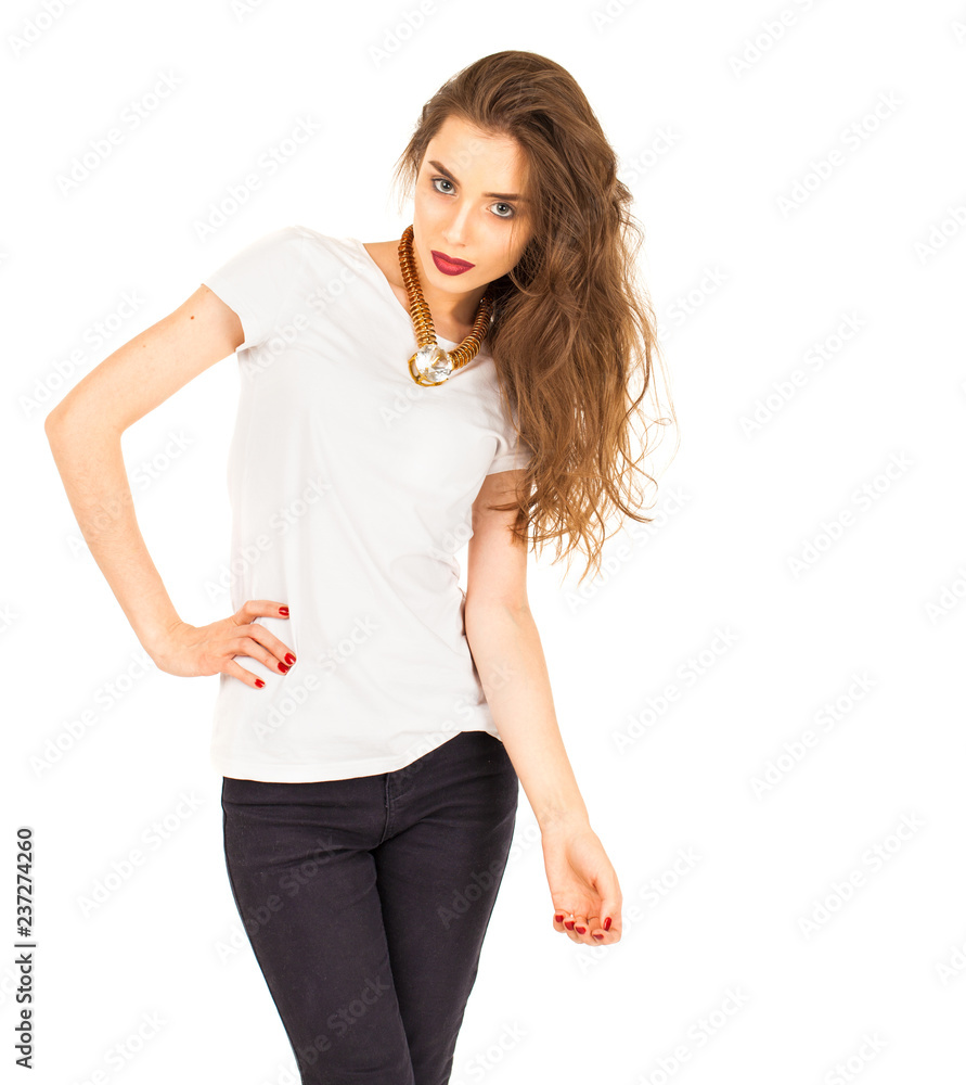 Closeup portrait of a beautiful young brunette woman in white t-shirt, Closeup portrait of a beautiful young brunette woman in white t-shirt,
