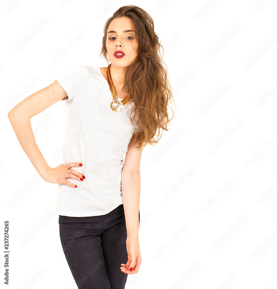 Closeup portrait of a beautiful young brunette woman in white t-shirt, Closeup portrait of a beautiful young brunette woman in white t-shirt,