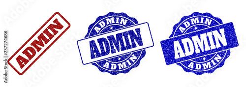 ADMIN scratched stamp seals in red and blue colors. Vector ADMIN labels with draft texture. Graphic elements are rounded rectangles, rosettes, circles and text labels.