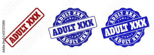 ADULT XXX grunge stamp seals in red and blue colors. Vector ADULT XXX labels with grunge texture. Graphic elements are rounded rectangles, rosettes, circles and text tags.
