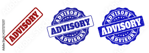 ADVISORY scratched stamp seals in red and blue colors. Vector ADVISORY overlays with grunge style. Graphic elements are rounded rectangles, rosettes, circles and text tags.