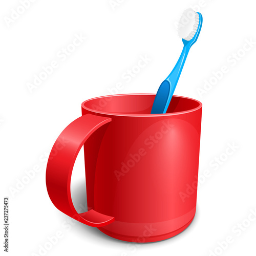 Red plastic cup with a blue toothbrush. Hygiene, health and cleanliness of the oral cavity, a subject for cleaning teeth. Isolated on white background. EPS10 vector illustration.