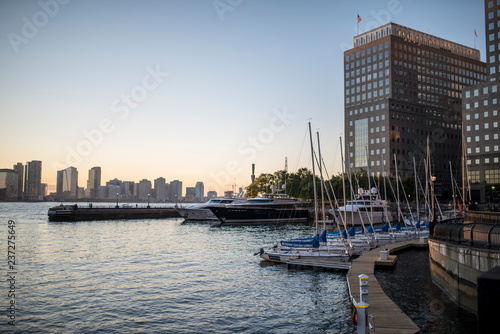 NEW YORK, USA – November 2,2018 : Sunset battery park views of boats in the marina