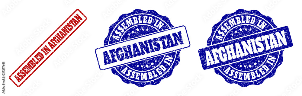 ASSEMBLED IN AFGHANISTAN grunge stamp seals in red and blue colors. Vector ASSEMBLED IN AFGHANISTAN labels with dirty style. Graphic elements are rounded rectangles, rosettes, ASSEMBLED IN AFGHANISTAN grunge stamp seals in red and blue colors. Vector ASSEMBLED IN AFGHANISTAN labels with dirty style. Graphic elements are rounded rectangles, rosettes,
