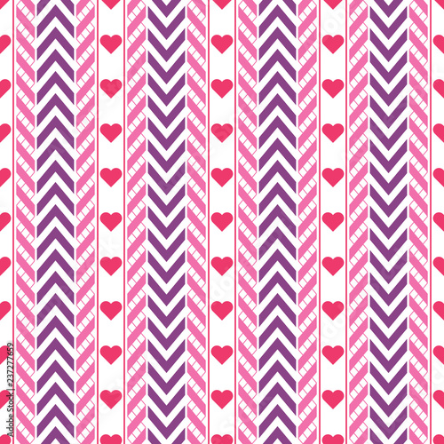 Vector purple and pink chevron and ribbon seamless pattern with red hearts and lines on a white background. Perfect Valentine's Day or love theme print for packaging, wrapping paper, scrapbooking.