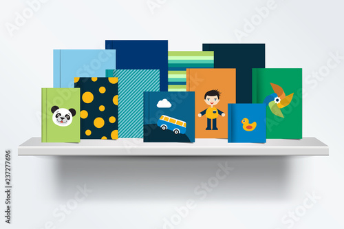 Children, kids Bookshelf. Front view of books cover standing on grey background with shadows. Vector illustration.