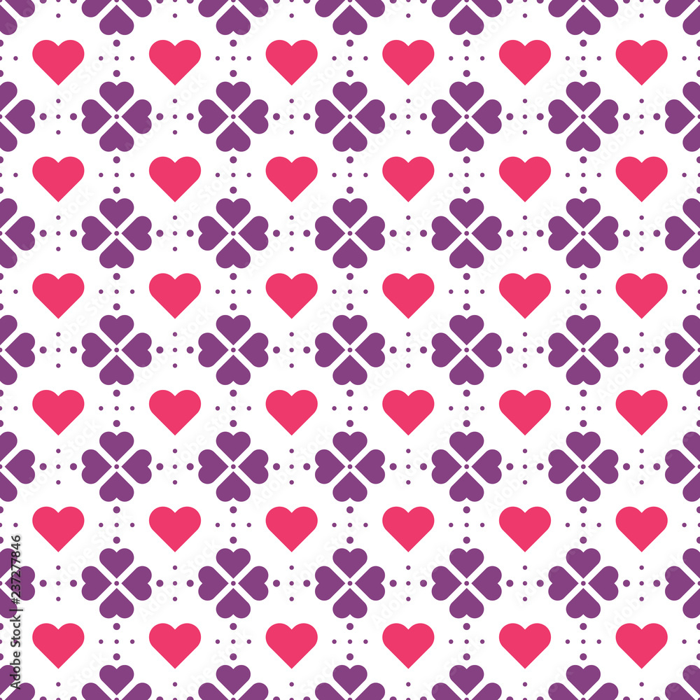 Vector seamless pattern of violet heart shape petal flowers and red hearts on a white background. Perfect love theme or Valentine's Day print for scrapbooking, cards, packaging, wrapping paper.