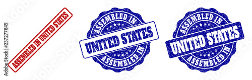 ASSEMBLED IN UNITED STATES grunge stamp seals in red and blue colors. Vector ASSEMBLED IN UNITED STATES overlays with dirty style. Graphic elements are rounded rectangles, rosettes,