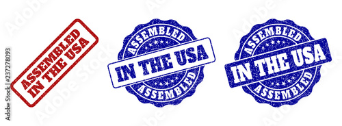 ASSEMBLED IN THE USA grunge stamp seals in red and blue colors. Vector ASSEMBLED IN THE USA overlays with grunge texture. Graphic elements are rounded rectangles, rosettes, circles and text captions.