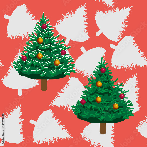 Christmas trees and and their silhouettes on red background