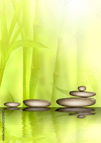 Stones and bamboo forest with reflection in water spa background. Watercolor illustration with space for text