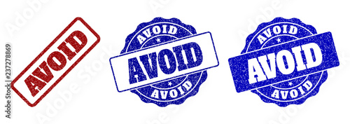 AVOID grunge stamp seals in red and blue colors. Vector AVOID overlays with draft effect. Graphic elements are rounded rectangles, rosettes, circles and text labels.