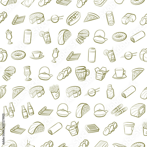 American food, Bakery products, Drinks and Japanese food set. Background for printing, design, web. Usable as icons. Seamless. Color.