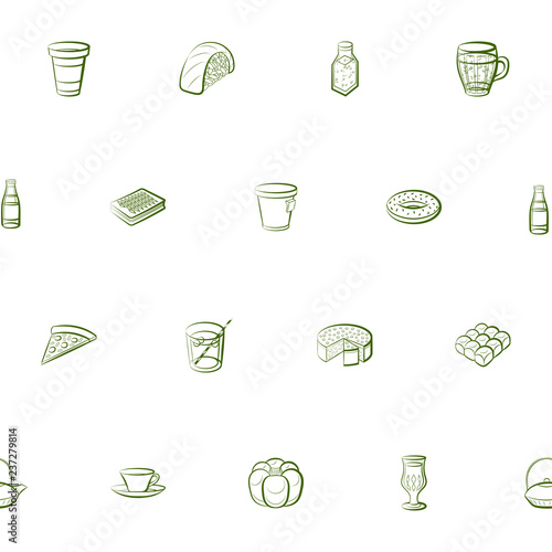 American food, Bakery products, Drinks and Japanese food set. Background for printing, design, web. Usable as icons. Seamless. Color.