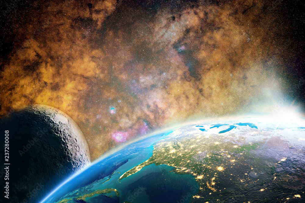 Fototapeta premium Artystyczny abstrakcyjna planeta z jego księżyc w kolorowym tle galaktyki